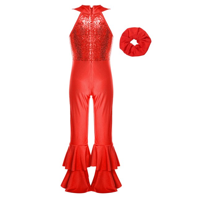 Hansber Justaucorps de Danse Sans Manches à Paillettes Brillantes pour Filles avec Bandeau Rouge 6