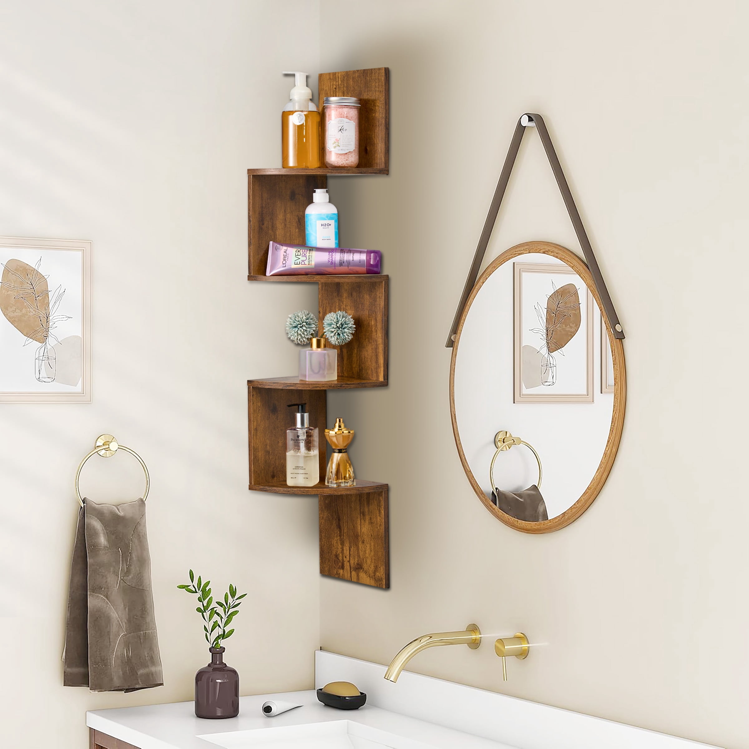 Sorbus 5-Tier Floating Corner Wall Shelf, Zigzag Bookshelf, Space-Saving Storage, Brown