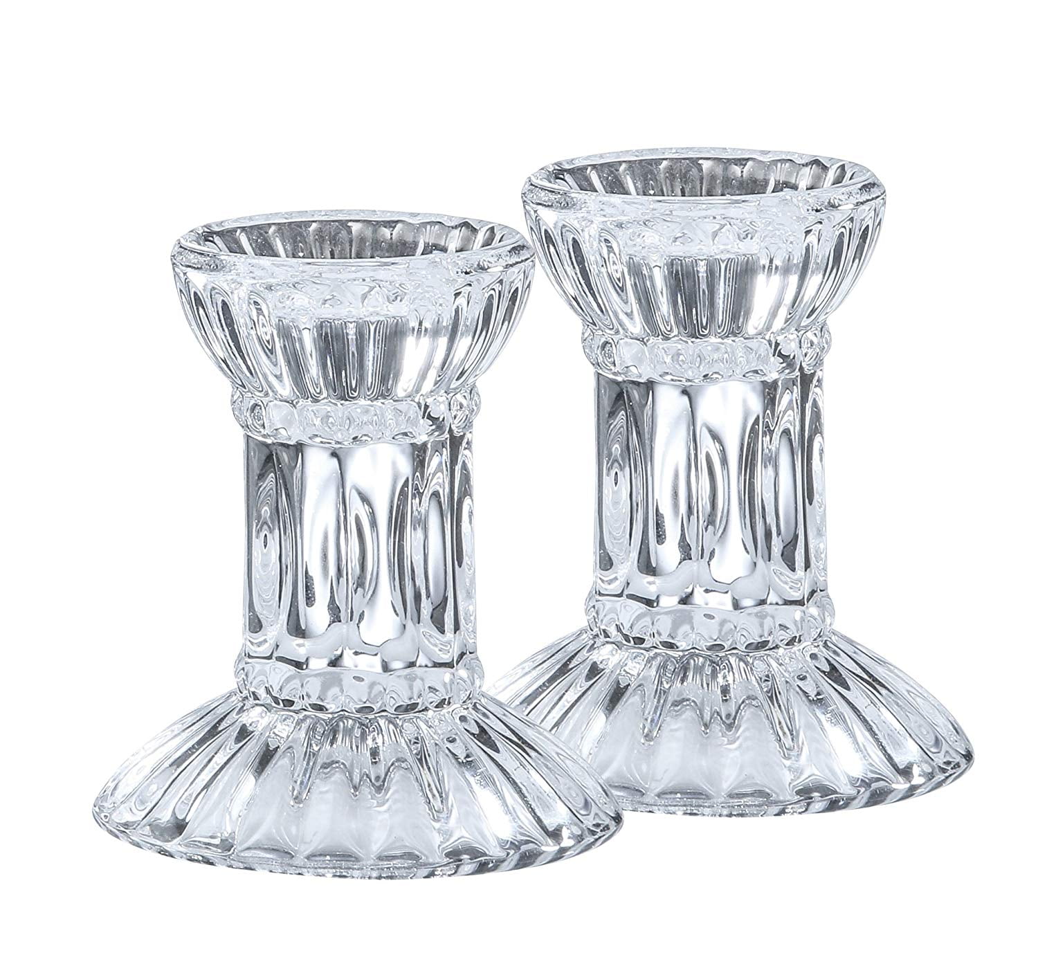 Round Base Crystal Candlesticks Pair of 3" Inch Fluted Design Candle