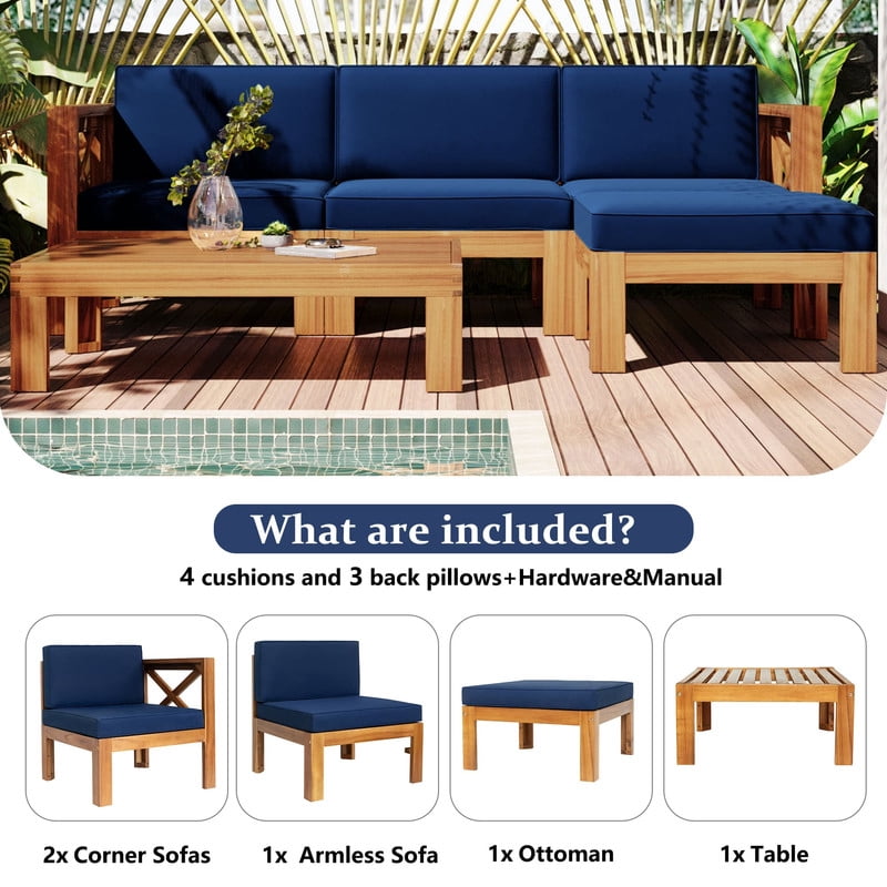 5-Piece Solid Wood Outdoor Sectional Sofa Set with Ottoman, Patio Furniture Set with Cushions, Outdoor Seating Group Set with Coffee Table