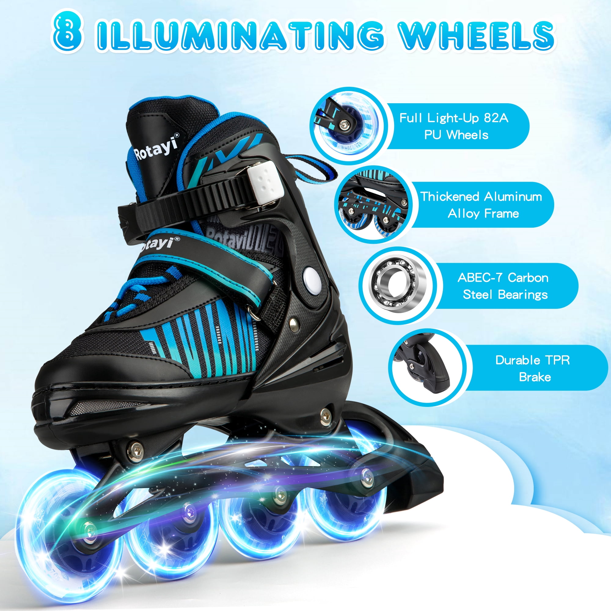 TaroKitc Adjustable Inline Skates for Kids and Adult, Girls, Boys with All Light up Wheels, Blue(Size 10C-13C)