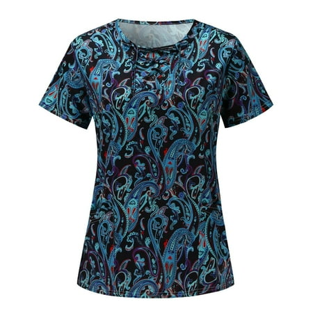 

Women Scrubs TopSummer Short Sleeve V-Neck Tie Dye Flower Printed Unified Working Top Working Uniform Nurses Clothing Workwear