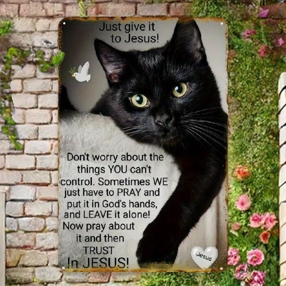 HELLOYOUNG Vintage Metal Tin Sign Just Give It To Jesus Cat Wall Art 8x12 Inch Inspirational Religious Decor for Home