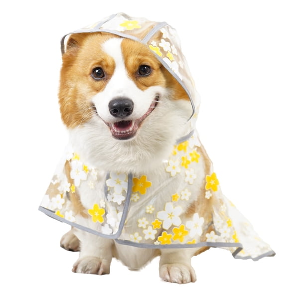 Waterproof Pet Raincoat, Transparent Plastic Floral Print Outerwear, Stylish Hooded Poncho for Medium Large Dog Outdoor Walking Rainy Day
