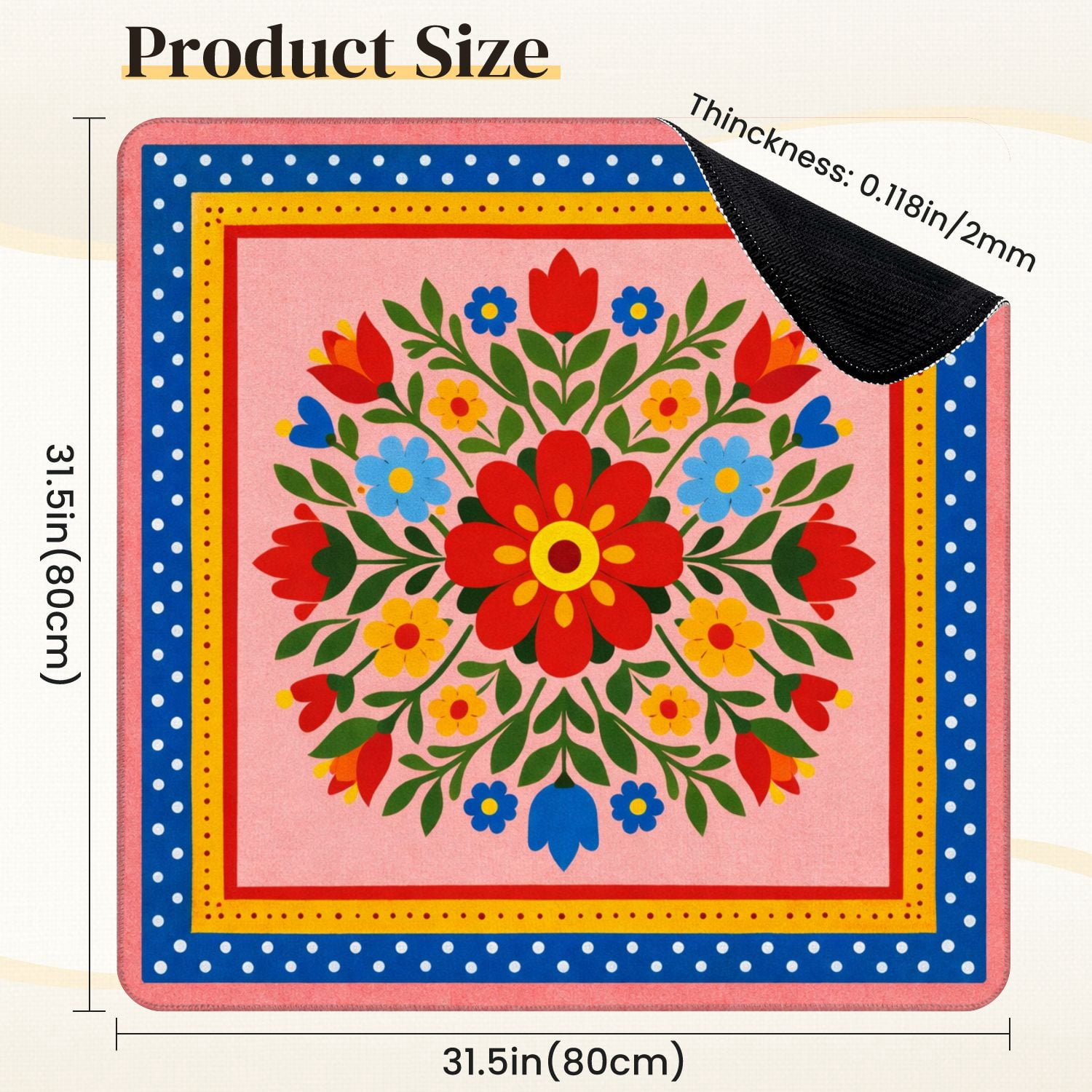 Mahjong Mat 31.5" x 31.5" Floral Mandala Design Red Yellow Blue Flowers Pink Non-Slip Noise Reduction Mahjong Tiles Table Cover for Dominoes Poker Card Board and Tile Games