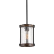 Kira Home Hadley 9" Rustic Farmhouse Pendant Light, Crackle Glass Shade, Wood Grain Metal, Walnut Wood, Textured Black
