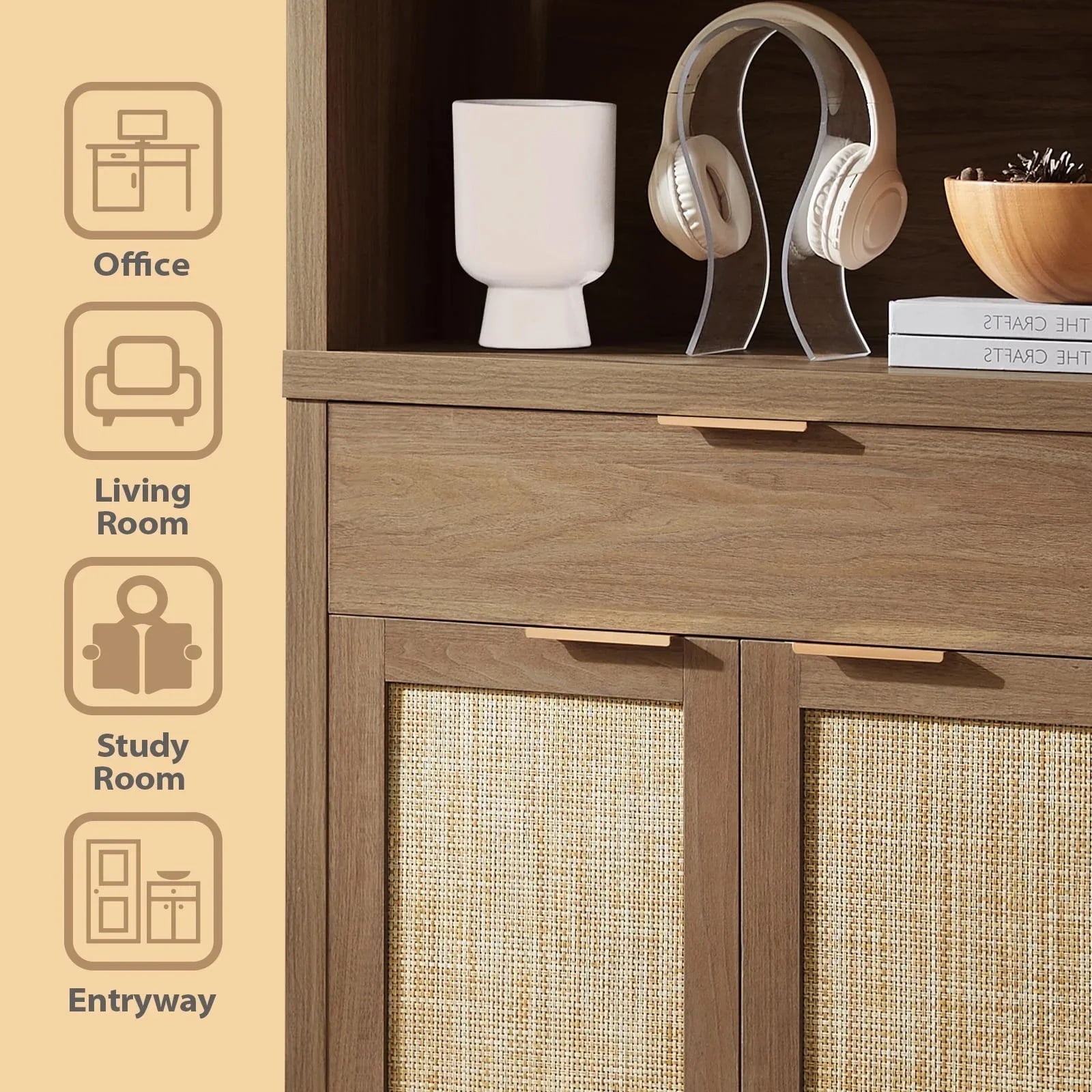 ARKANTOS Rattan Bookcase with Doors, 5 Shelf Adjustable Bookshelf Storage Cabinet, Classic Walnut