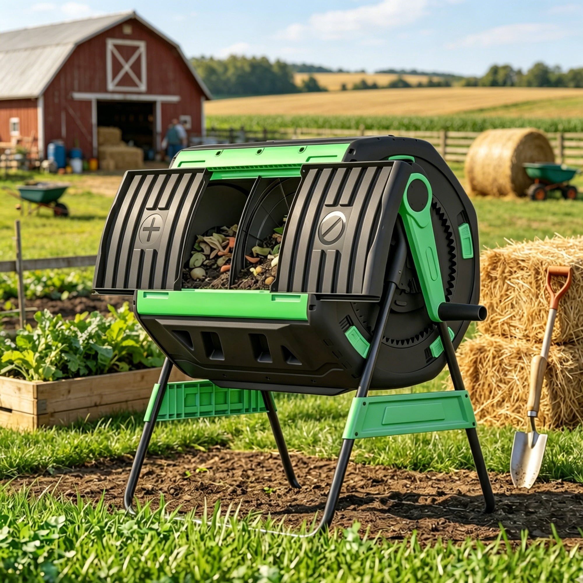 Dual Chamber Rotating Compost Tumbler with Elevated Metal Base, 360° Rotatable BPA-Free Compost Bin with Adjustable Vents for Backyard Garden
