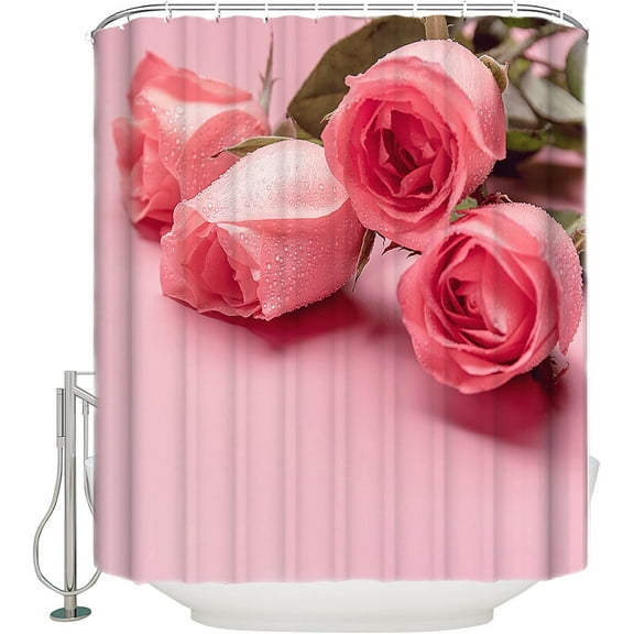Valentine''s Day Shower Curtain Romantic Rose Blossom Shower Curtains for Bathroom Decor,Pink Floral Pattern Bath Curtains Sets with Hooks Waterproof Small Stall Size 36" x 72"