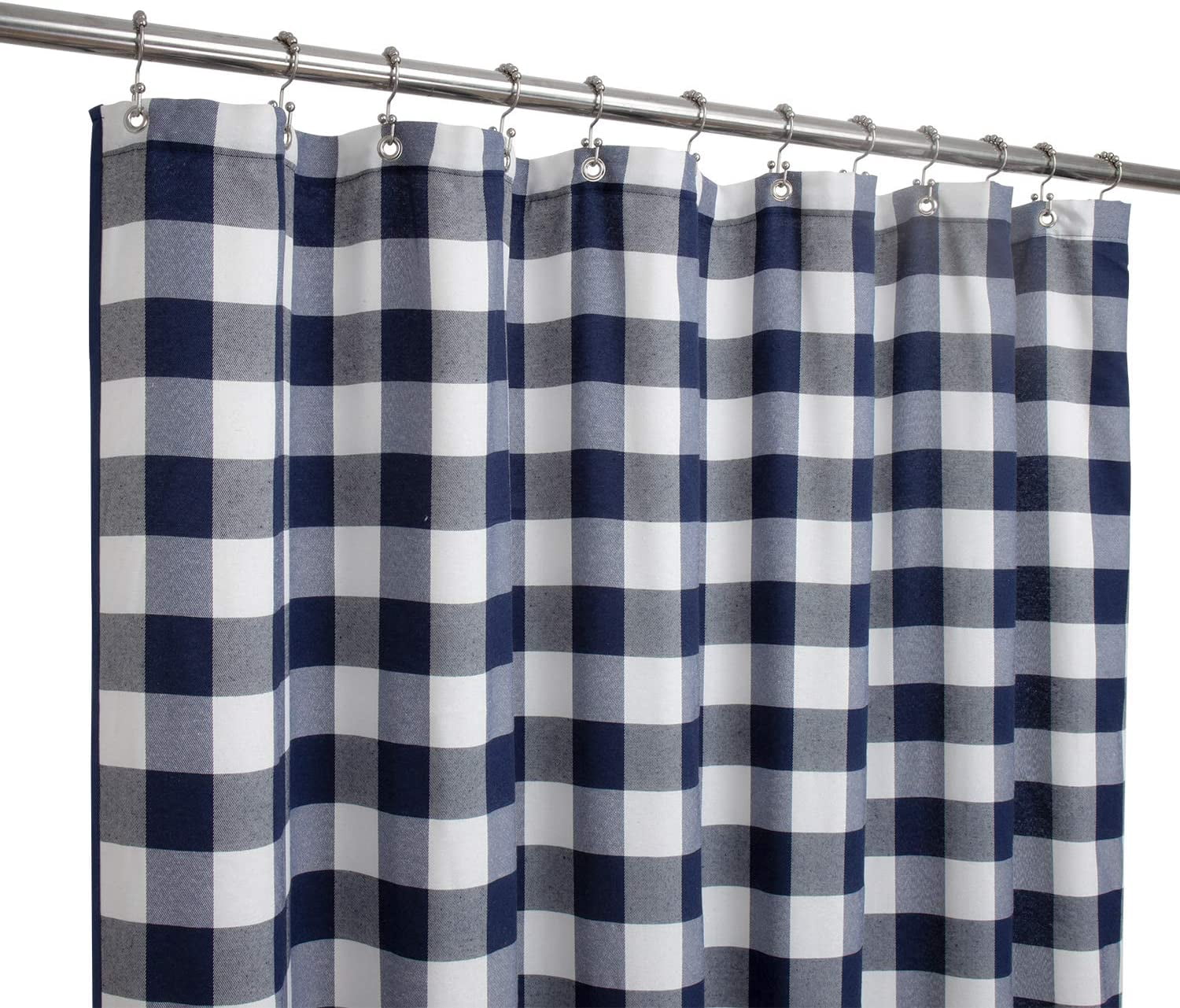 Buffalo Check Shower Curtain: Cotton Blend Plaid Woven Texture & Machine Washable, Water-Repellent, Rustic Farmhouse Style for Bathroom - Indigo Blue and White, 72x72 Inch
