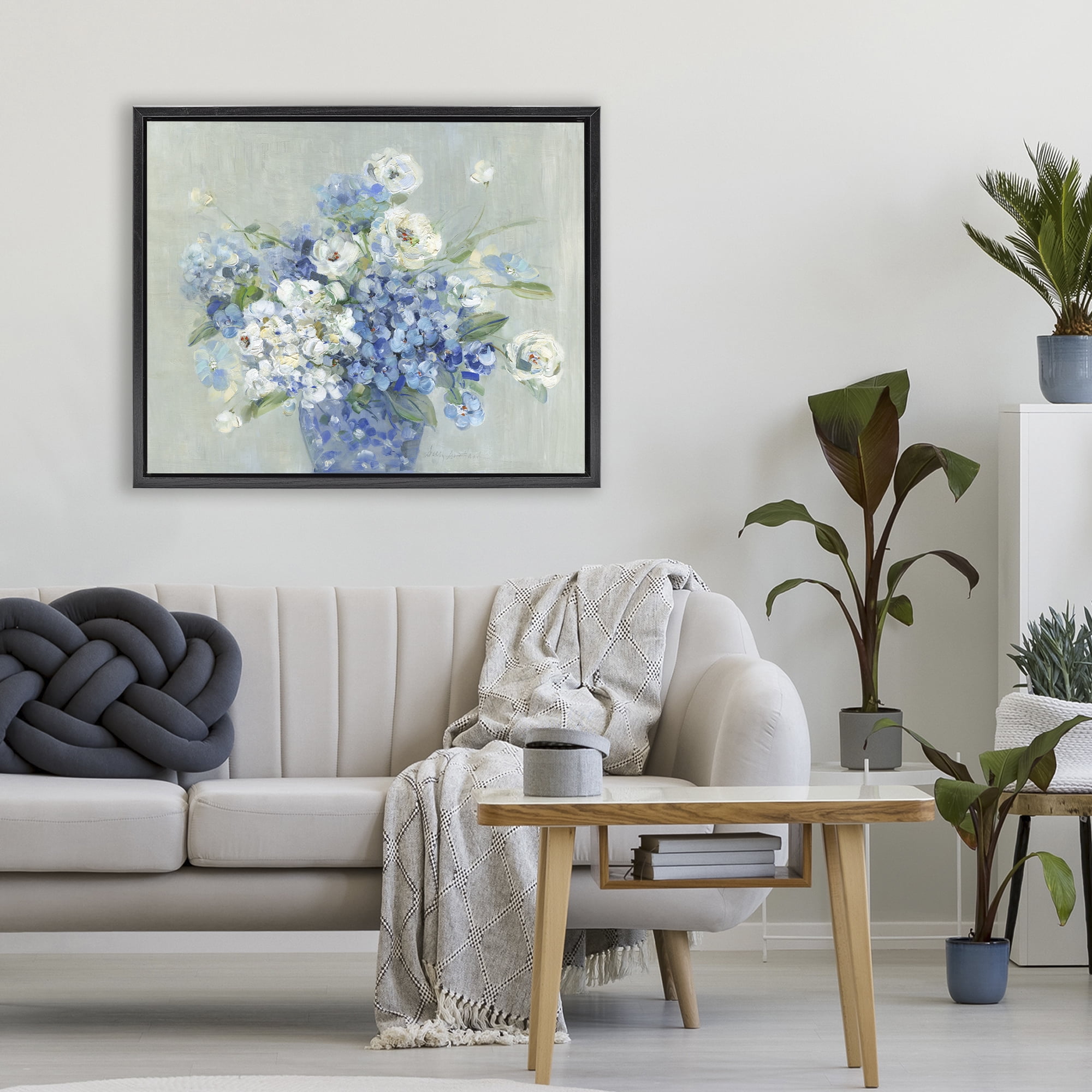 Stupell Industries Serene Blue And White Bouquet Black Framed Floater Canvas Wall Art, design by Sally Swatland