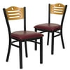 Flash Furniture 2 Pk. HERCULES Series Black Slat Back Metal Restaurant Chair - Natural Wood Back, Burgundy Vinyl Seat