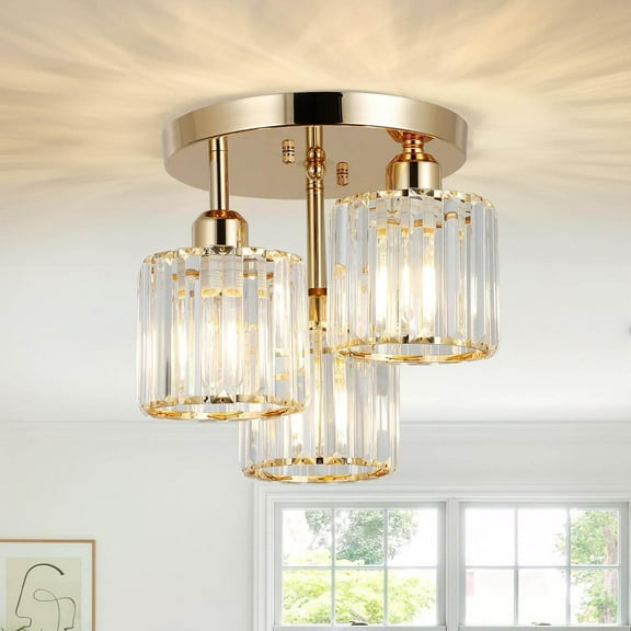 Lighting Fixtures Modern Semi Flush Mount Ceiling Light,3-Light Crystal Close to Ceiling Light Fixtures,Golden Kitchen Light Fixtures with Clear Crystal Shade,Hallway Light Fixtures for Hallway Bedro
