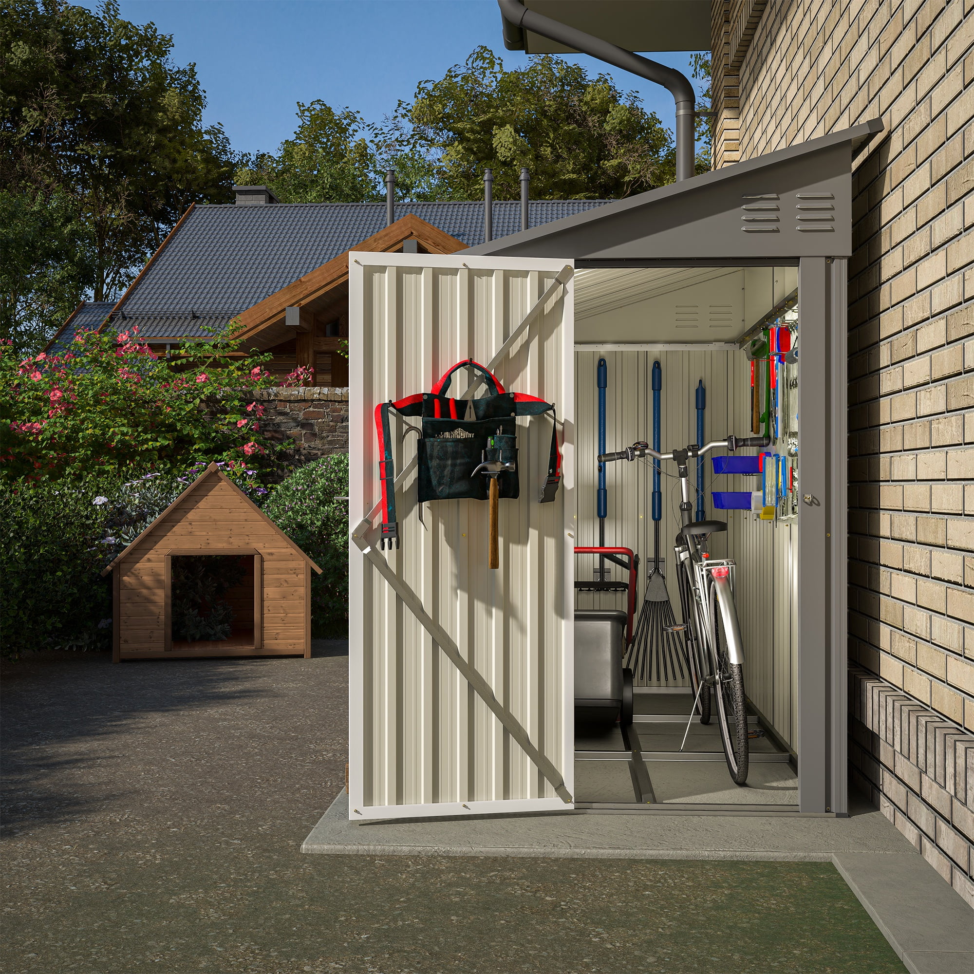 Lean to Shed, 4' x 8' Metal Shed and Outdoor Storage, Sloped Top Patio Tool Shed with Lockable Door, Floor Frame, Padlock