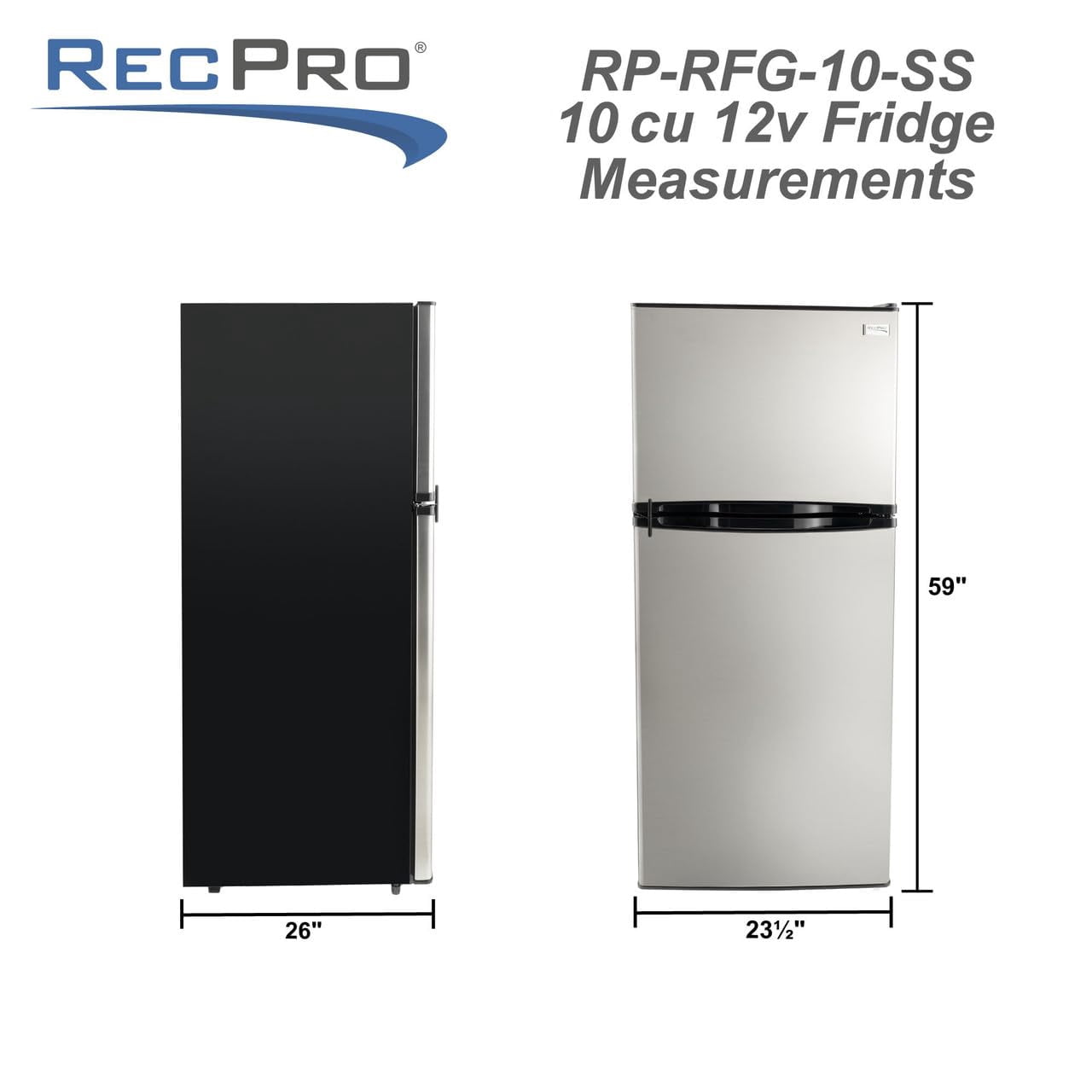 RecPro 10 Cu Ft 12V RV Refrigerator | Frost-Free Fridge with Freezer | Double Door, Adjustable Shelves, Reversible Door, Built-In Lock | 23.5”W x 26”D x 59”H | Off-Grid & Dry Camping Ready