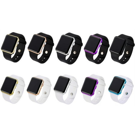 unisex casual square dial led digital watch with rubber band sports wristwatch for men women color white band purple case