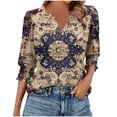 thumbnail image 2 of Jsaierl 3/4 Sleeve Womens Tops Plus Size V Neck Shirts Boho Print Ladies Blouses Work Vacation T-shirts Top S-2XL, 2 of 6