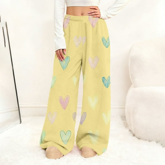 ClodeEU Women's Fuzzy Plush Pants With Heart Print,Elastic Waist Wide Leg Bottoms Lounge Sleep Pants B-Yellow,Womens Plus XL