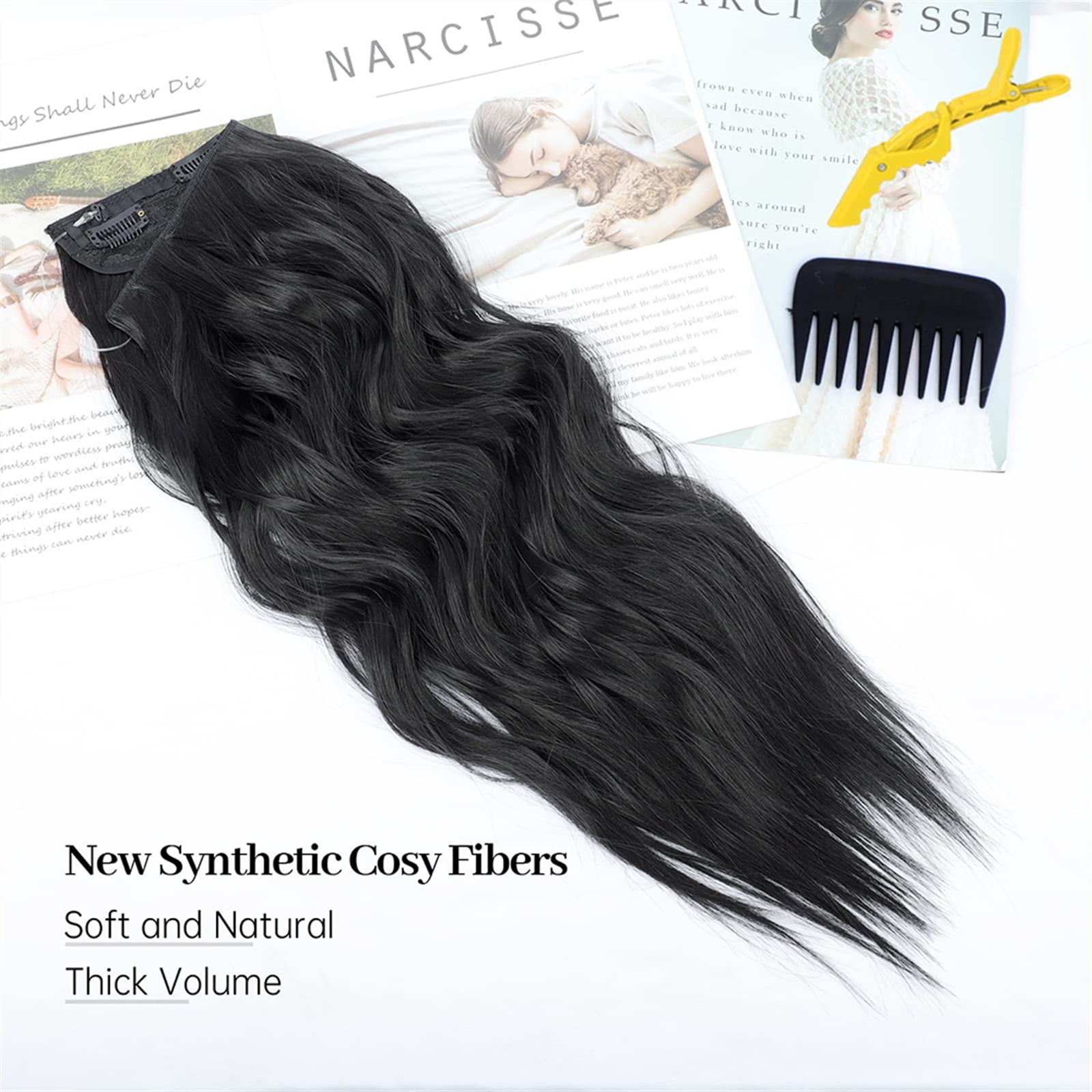 Synthetic Invisible Wire Hair Extensions with Transparent Wire 4 Secure Clips Long Wavy Secret Hairpiece 22 Inch Black for Women