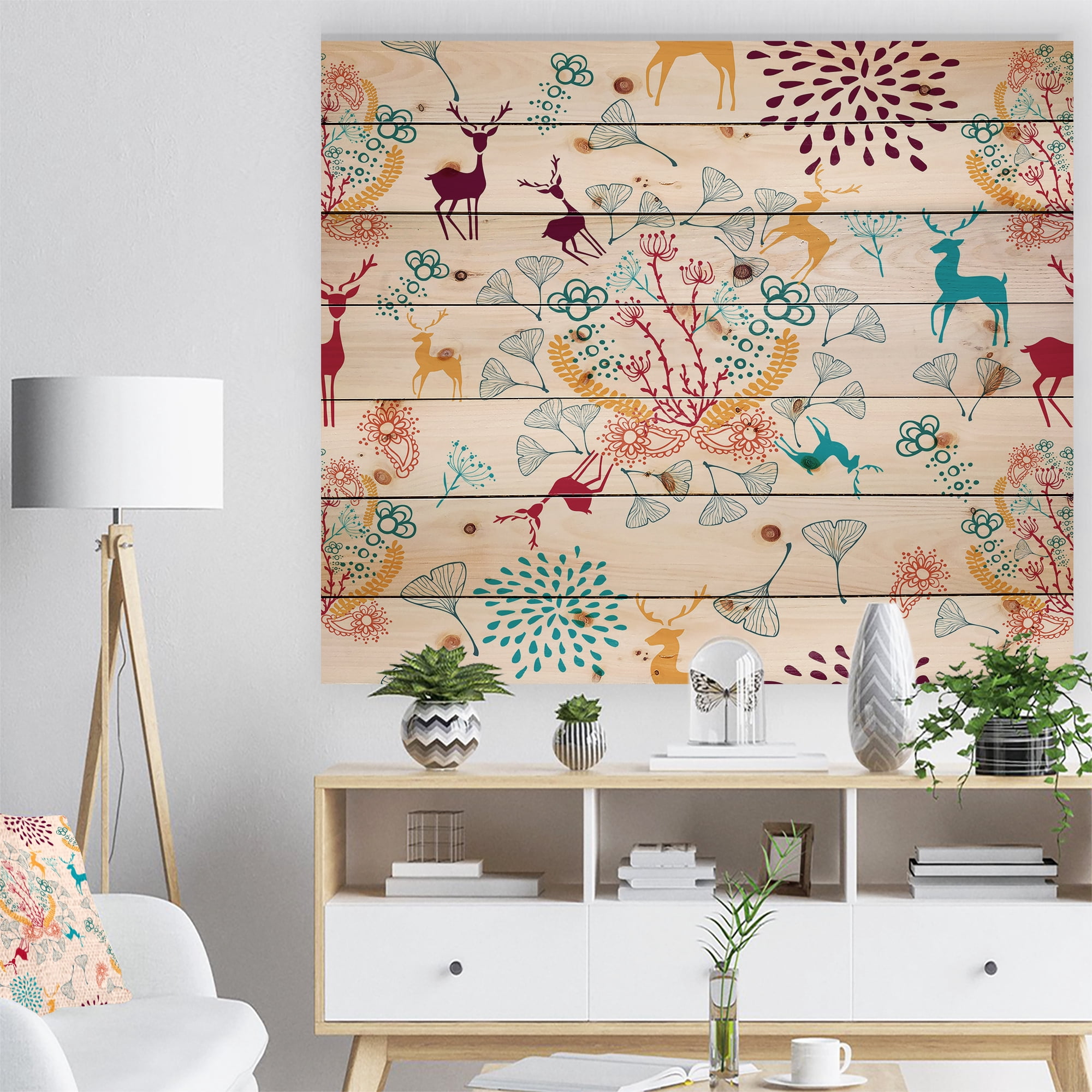 Designart 'Yellow Blue Brown Reindeer christmas pattern ' Print on Natural Pine Wood