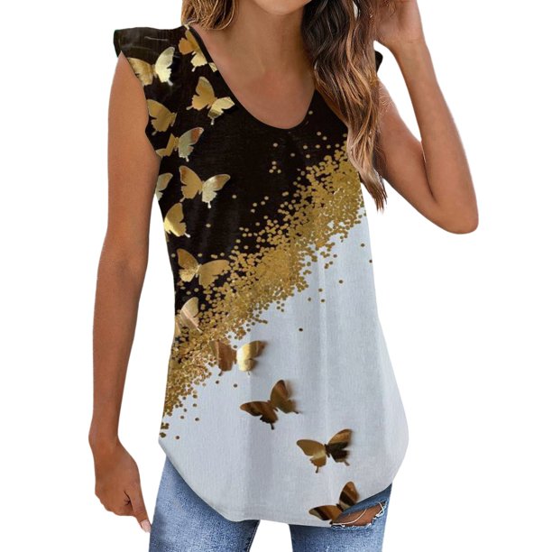 Gibobby Playera de Manga Corta Casual Suave Camisetas sin mangas para mujer Camisetas sueltas verano con volantes Camisas sin mangas plisadas(Negro,M)
