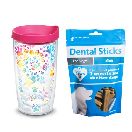 Tervis Project Paws Tie Dye Paw Heart 16 oz Tumbler with fuchsia lid with Dental Sticks Minis