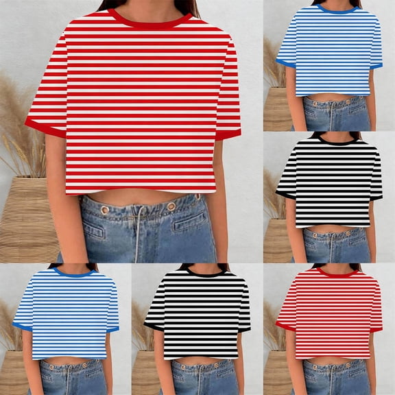 Women's Tops Spring Summer Casual Basic Tees Fashion Y2K Short Sleeve Crewneck Striped T Shirts