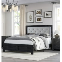 Newboti Furniture 1Pc Modern King Panel Bed With Headboard Lighting Black Finish Faux Leather Gray Upholstery Button Tufted Wooden Bedroom Furniture 4436