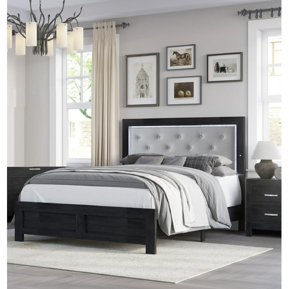 Newboti Furniture 1Pc Modern King Panel Bed With Headboard Lighting Black Finish Faux Leather Gray Upholstery Button Tufted Wooden Bedroom Furniture 4436