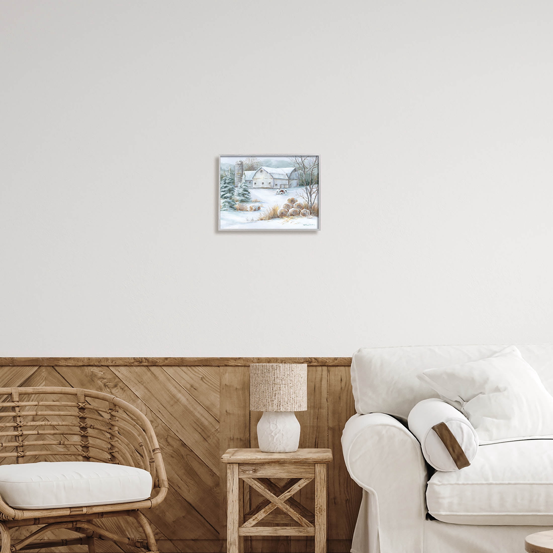 Niveous Country Barn Snow Scene Landscape Painting Gray Framed Art Print Wall Art