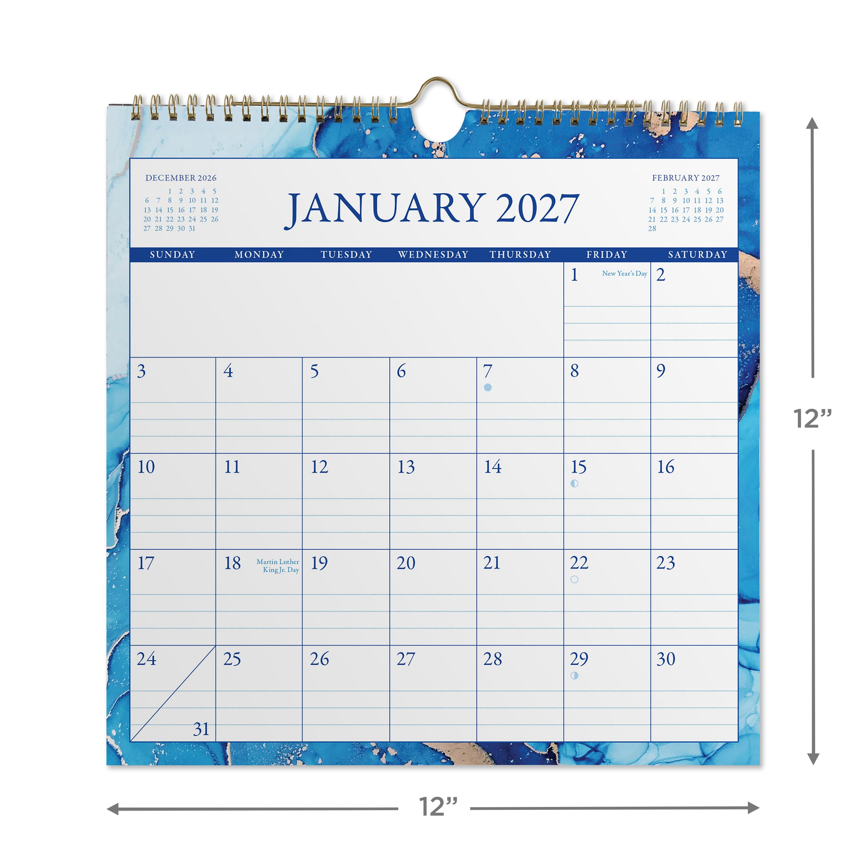 2027 Pen+Gear Spiral Marble Calendar 12x12 January-December Gridded