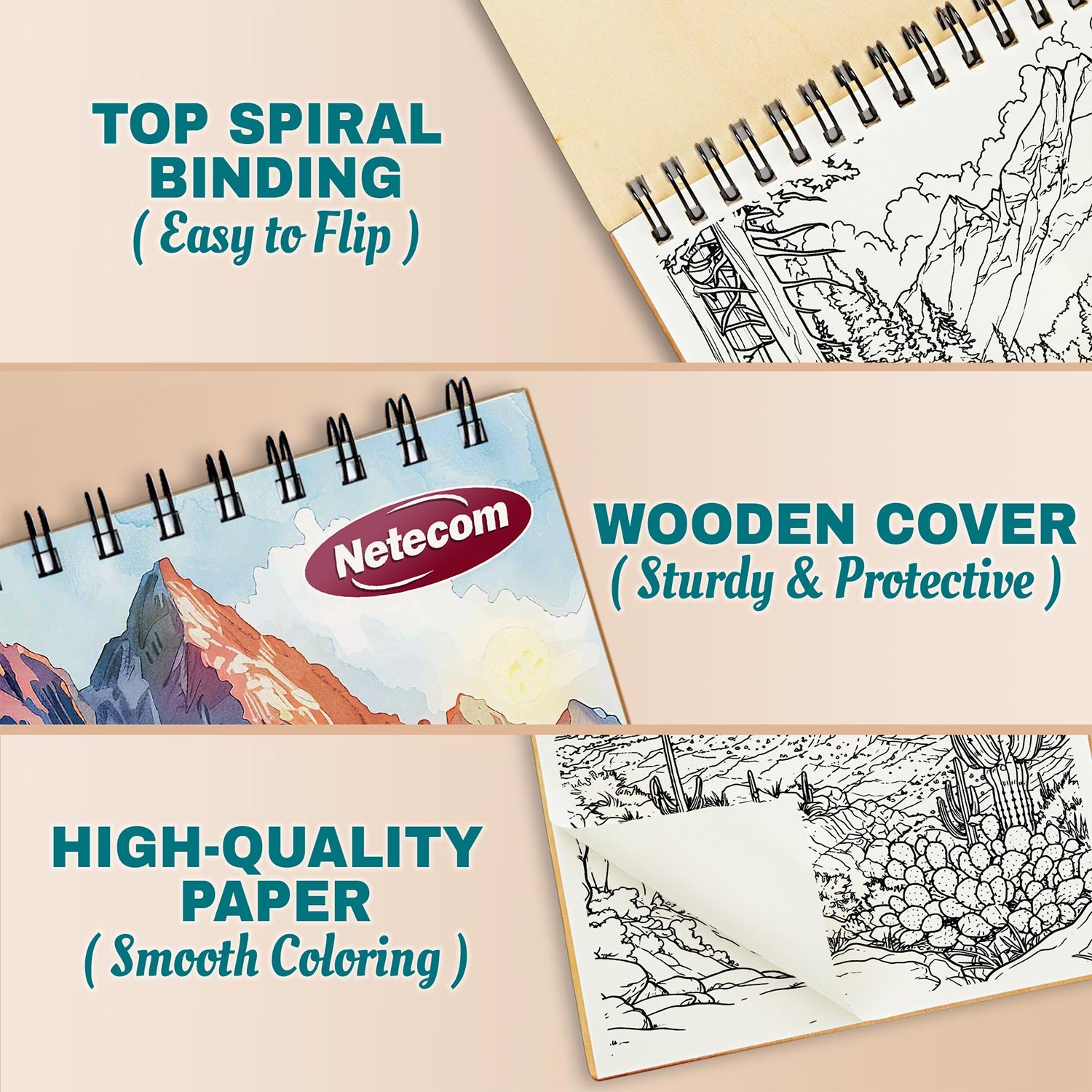 Netecom Mountains Landscapes Coloring Book for Adults, A5 Wooden Cover, Spiral Bound Edition, 30 Majestic Coloring Pages of Beautiful Landscapes for Stress Relief and Relaxation