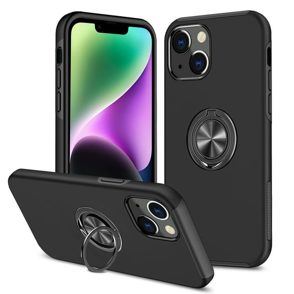 AIOVETEAB for iPhone 14 Case & iPhone 13 Case,Silky Soft Touch Heavy Duty Protective Cover with Ring Holder Kickstand Magnetic Phone Case,Black