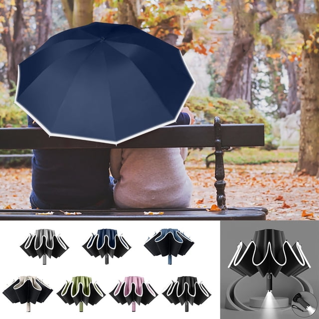 Vaidha Opposite Direction Folding Umbrella Reflective Stripe Windproof Fully Automatic Compact 10 Rib Travel Umbrella Diameter 41 Inch LED Clear Umbrella