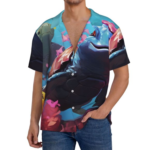 Lsque Lively Cute Turtle print Men's Cuban Collar Short Sleeve Shirt Summer Beachwear Casual Button Down Fashionable Vacation Leisure Shirt-4X-Large