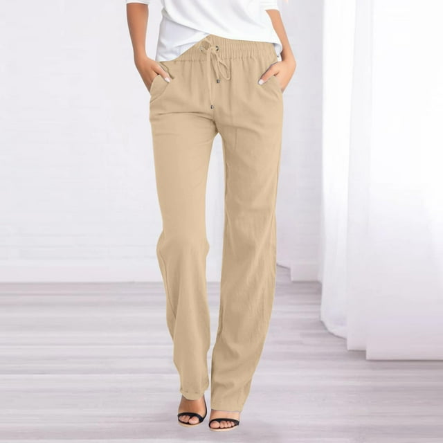 AherBiu Linen Pants for Women High Waisted Drawstring Slimming Straight Leg Casual Solid Color Beach Pants with Pockets