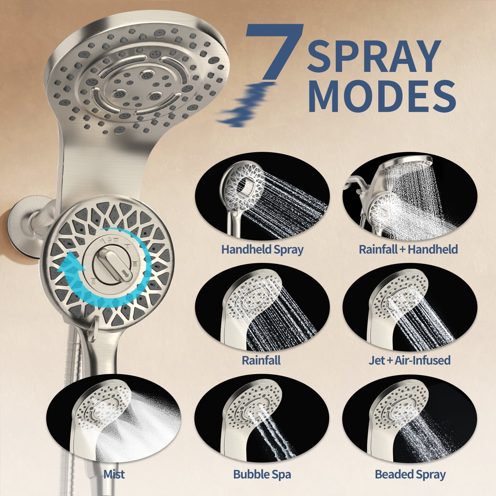 KAIYING Magnetic Handheld Shower Head and Rain Combo, Multi-Setting Spray with 71 Inch Hose, Brushed Nickel