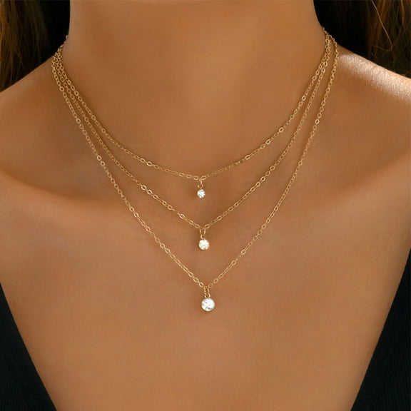SmartBy Women Necklace Round Rhinestone Pendant Three Layers Adjustable with Extended Length Prom Party Neck Jewelry Wedding Necklace