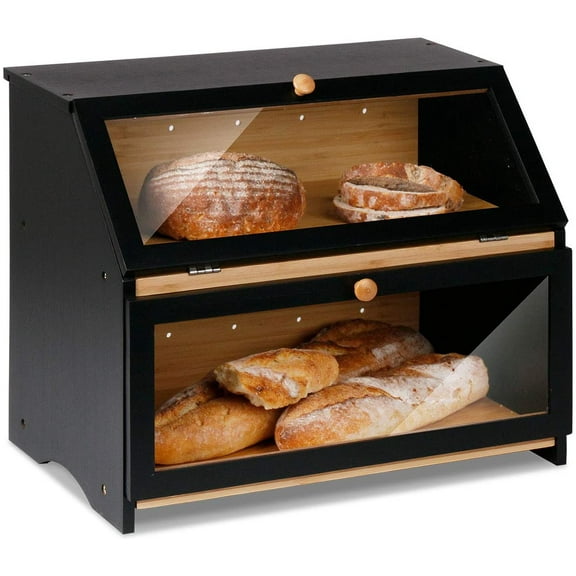 Double Layer Large Bread Box for Kitchen Counter, Wooden Large Capacity Bread Storage Bin (Black)