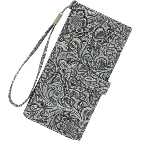 Women's Wallet RFID Blocking Vegan Leather Trifold with 3 ID Windows Embossed Floral Long Wristlet Clutch Purse