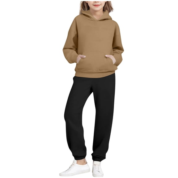 BRGZLK Boys Clothes 2pcs Solid Color Round Collar Long Sleeve Regular Shoulder Hoodie Sweatshirt and Sweatpants Fall Winter Outfits Bronze 11-12 Years