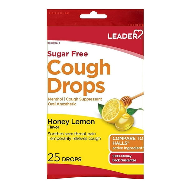 Leader Sugar Free Cough Drops Honey Lemon Flavor, 25 Ea