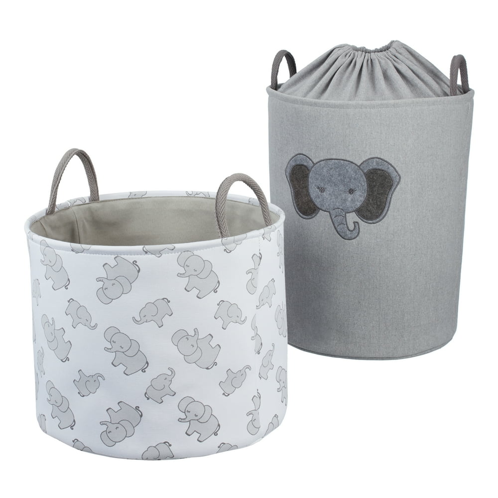 Your Zone Round Elephant Canvas Laundry Hamper and Toy Bin, Set of 2