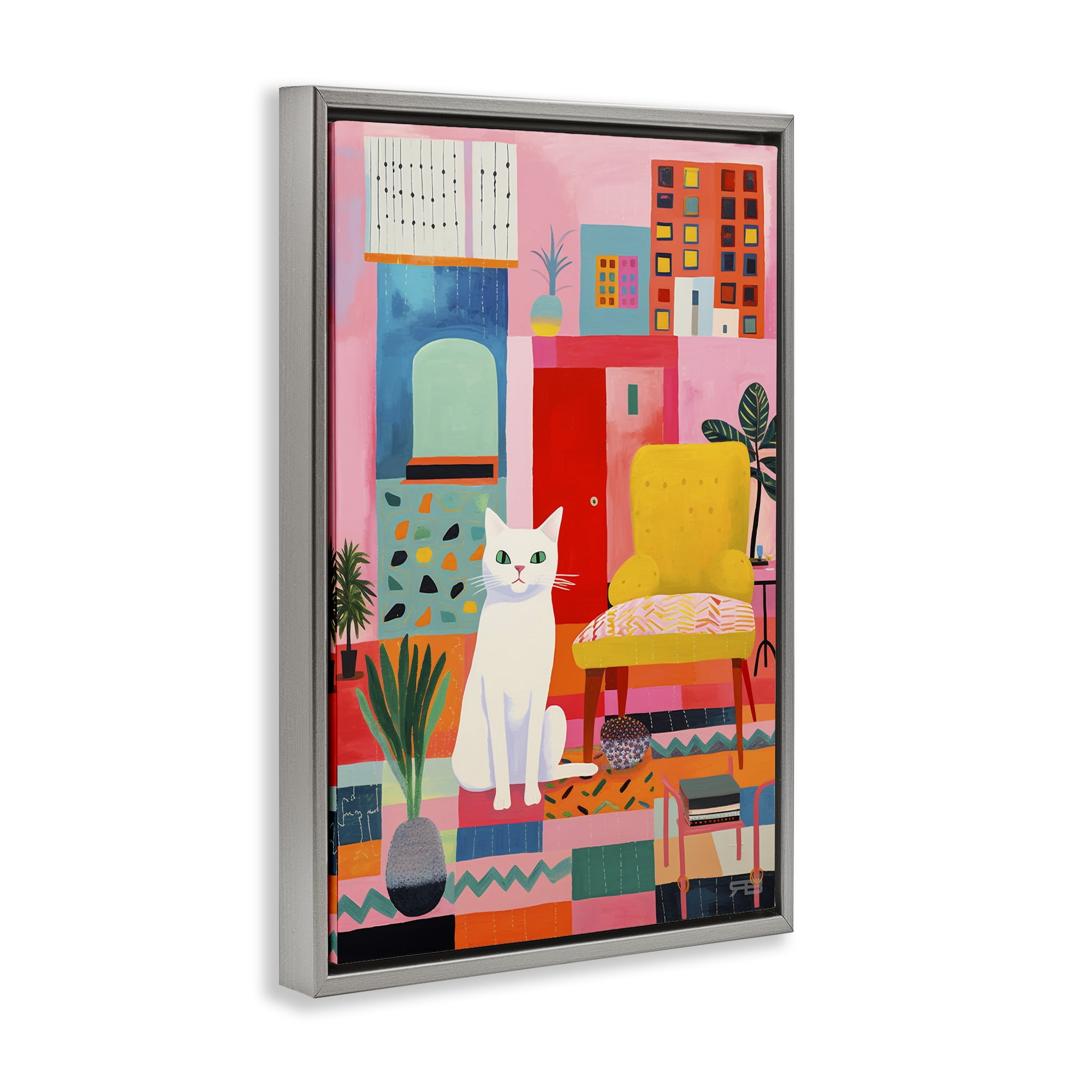 Stupell Industries Cat in Eclectic Interior Animals & Insects Painting Gray Floater Framed Canvas Art Print Wall Art, 21 x 31