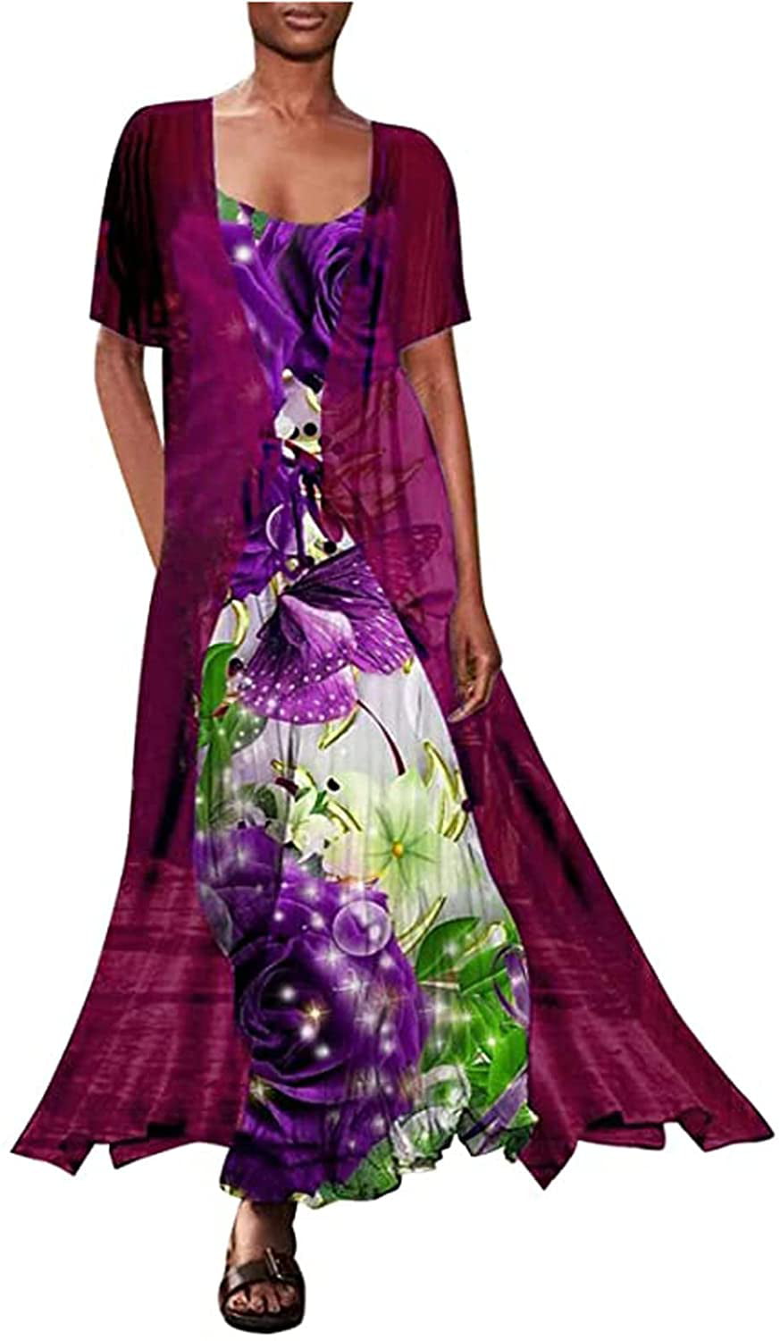 Womens Summer Dresses Flowy Floral Print Two-Piece Set Chiffon Dress Plus Size Crewneck Sleeveles Dress Wedding Guest 