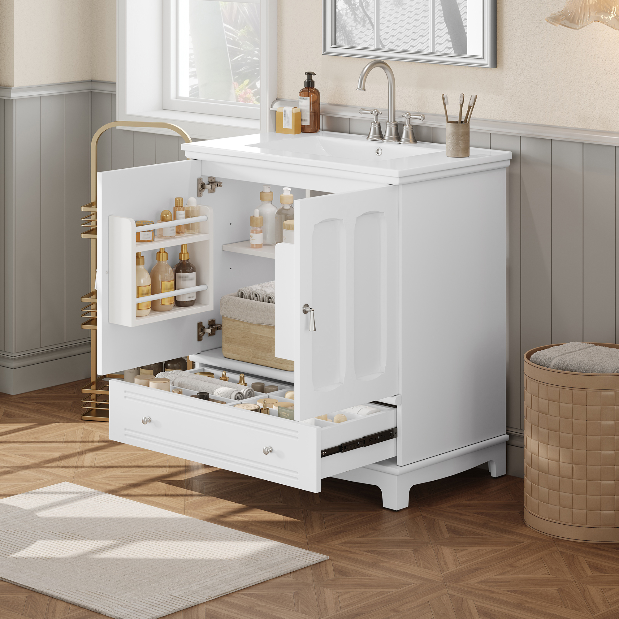 Euroco 30" Bathroom Vanity with Ceramic Sink, Solid Wood Frame Bathroom Sink Cabinet with Adjustable Shelf, Drawer with Divider, Solid Wood Feet