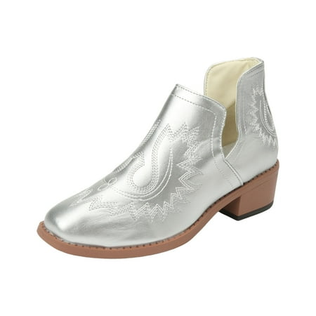 DVKOVI Cowboy Boots Women Womens Ankle Cowboy Boots Women Shoes Comfortable Soft Sole Ankle Boots Stylish Block Heel Western Fashion Short Boots Low Heel Dress Shoes for Women Silver 38