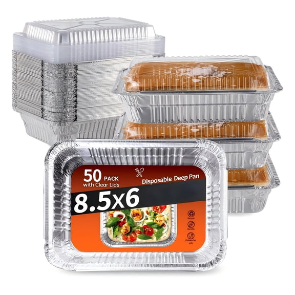 Aluminum Foil Pans with Clear Dome Lids, 50 Pack 8.5x6 Disposable Baking Pans, Heavy Duty Rectangular Tin Foil Containers for Cooking, Baking, Meal Prep, Food Storage (2.25 lb Capacity)