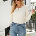 thumbnail image 3 of Suéter de punto Puff manga larga cuello redondo Pullover Ruffle elástico Tops para mujer albaricoque L, 3 of 7