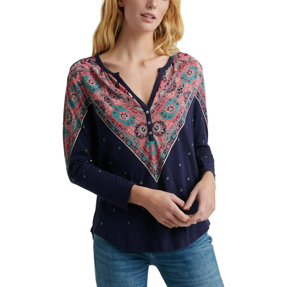 Lucky Brand Women's Bandana Print Henley Shirt, Navy Multi, XS